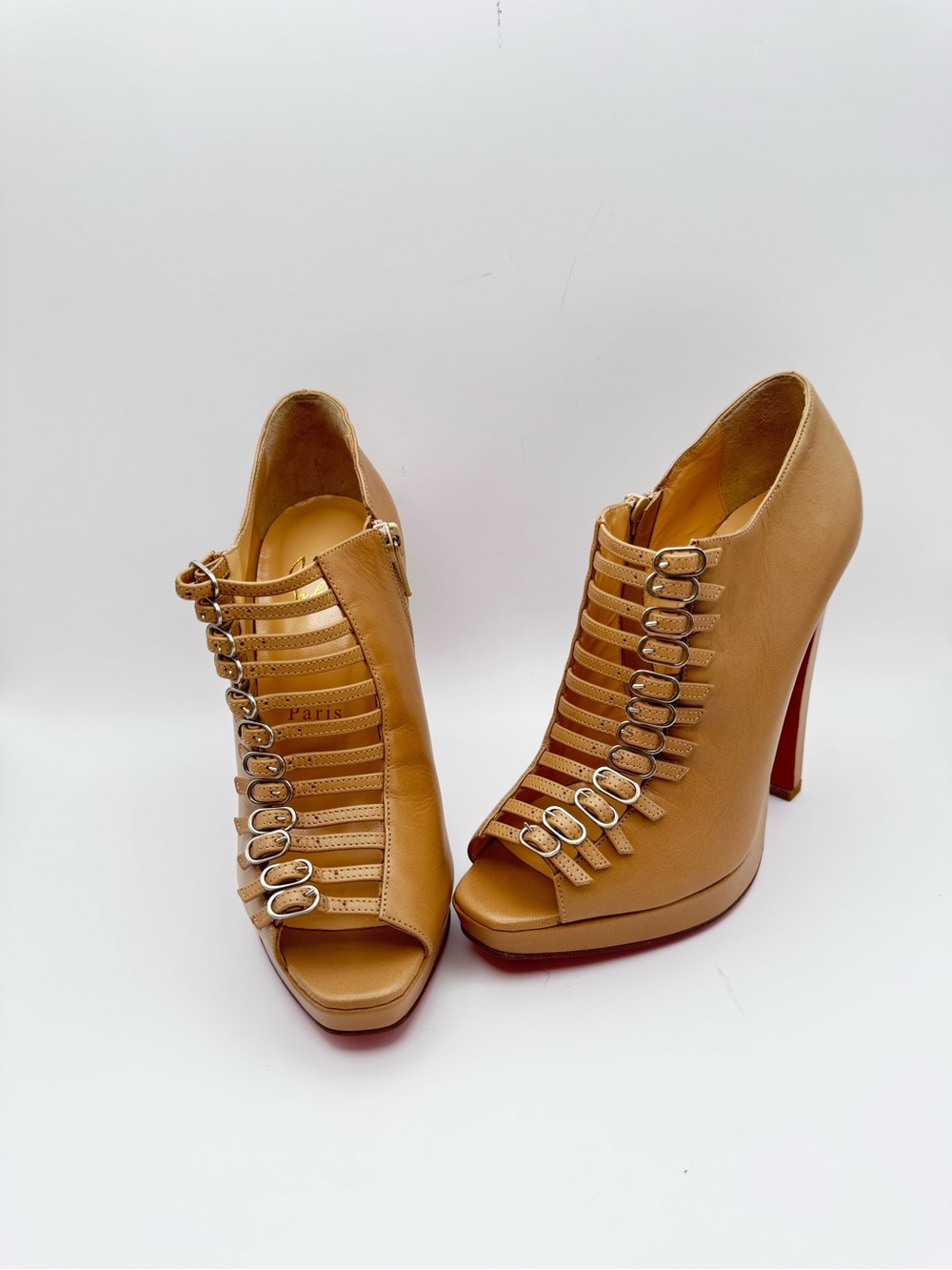 Christian Louboutin Manon 120 Kid Beige Leather Peep Toe Heels Size 36 EU 6